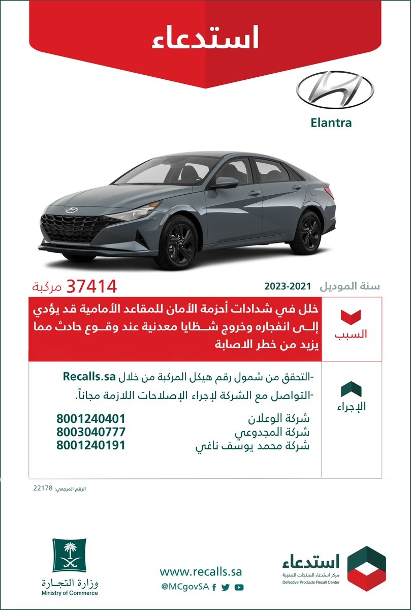 ⁧استدعاء 37,414 مركبة هيونداي "Elantra"موديلات من 2021 - 2023 لهذ السبب..