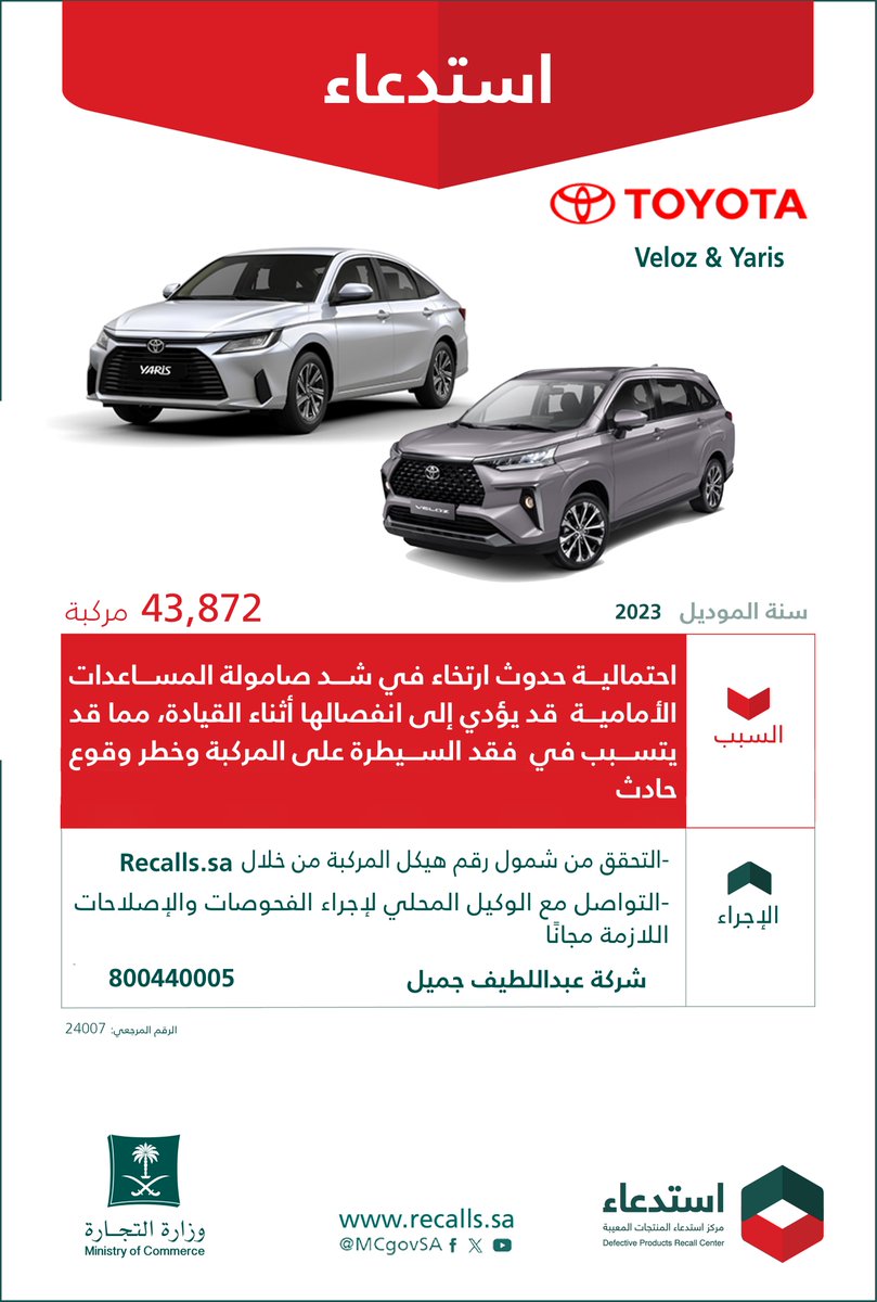 ⁧استدعاء 43,872 مركبة تويوتا "Veloz / Yaris" موديلات 2023 لهذا السبب..