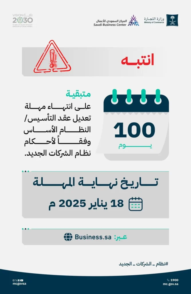 100 يوم متبقية على مهلة تعديل “عقد التأسيس / النظام الأساس” للشركات