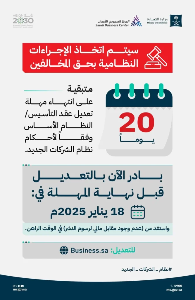 التجارة تحدد موعد انتهاء مهلة تعديل عقد “التأسيس – النظام الأساس” للشركات