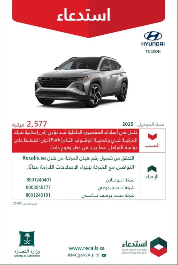 استدعاء 2.5 ألف سيارة "هيونداي توسان" لخطر وقوع حادث